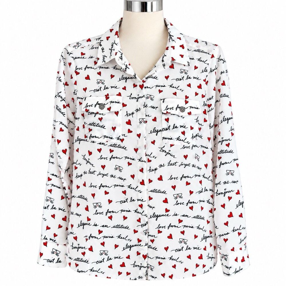 Karl Lagerfeld Paris Women’s Small White Red Heart Script Print Blouse Button Up